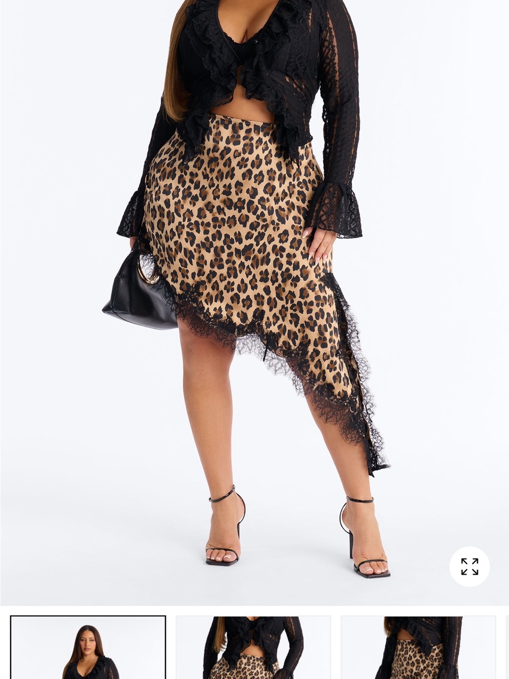 Fashion Nova Leopard Lace Asymmetrical Midi Skirt - Black/Tan